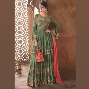 Embroidered Georgette Pakistani Suit in Dusky Green